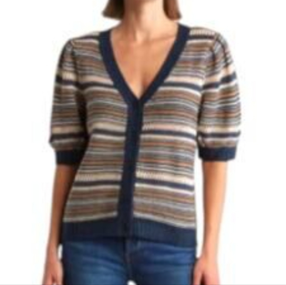 DR2 Striped V-Neck Button-Up Sweater Short Sleeve Cardigan Size Large
